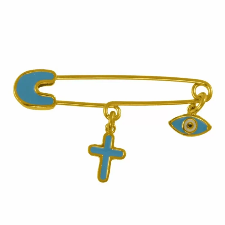 Παιδική παραμάνα φυλαχτό με θαλασσί σταυρό και μάτι.