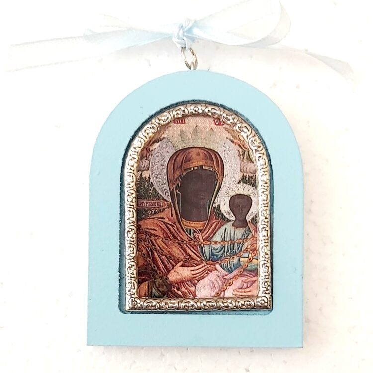 Εικονάκι μικρό Παναγία Μυρτιδιώτισσα, με σιέλ κορνίζα.