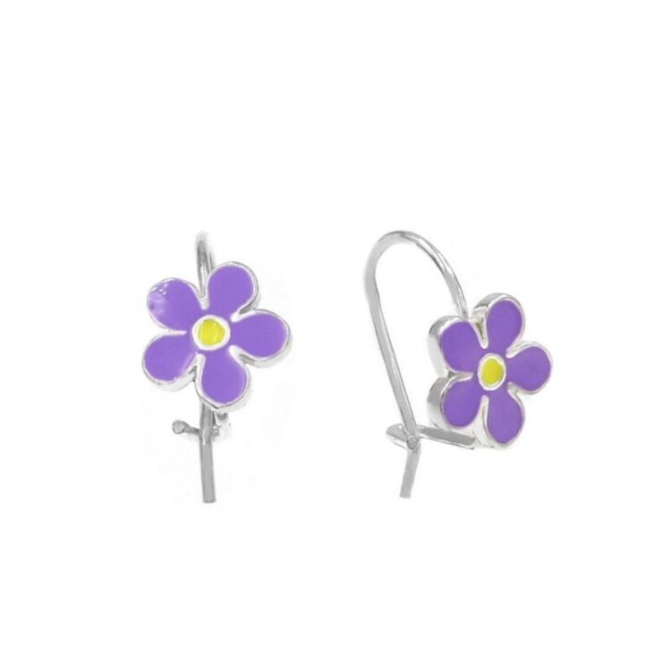 Παιδικά ασημένια σκουλαρίκια λουλούδια με γάντζο. Από ασήμι 925, με χρώμα από σμάλτο.