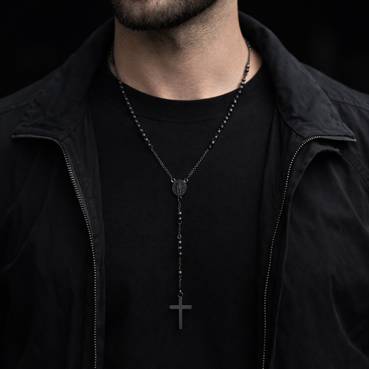 Κολιέ ροζάριο μαύρο ατσάλι.