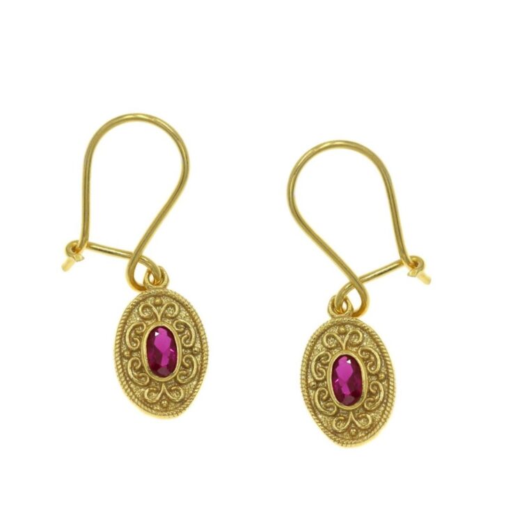 Ασημένια σκουλαρίκια Βυζαντινά οβάλ γάντζος φούξια ζιργκόν