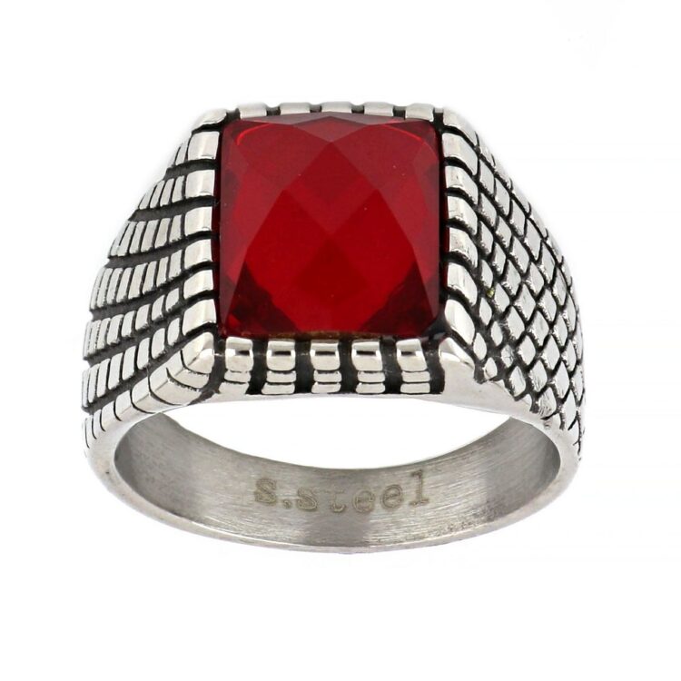 Ανδρικό δαχτυλίδι ατσάλι κόκκινο κρύσταλλο.