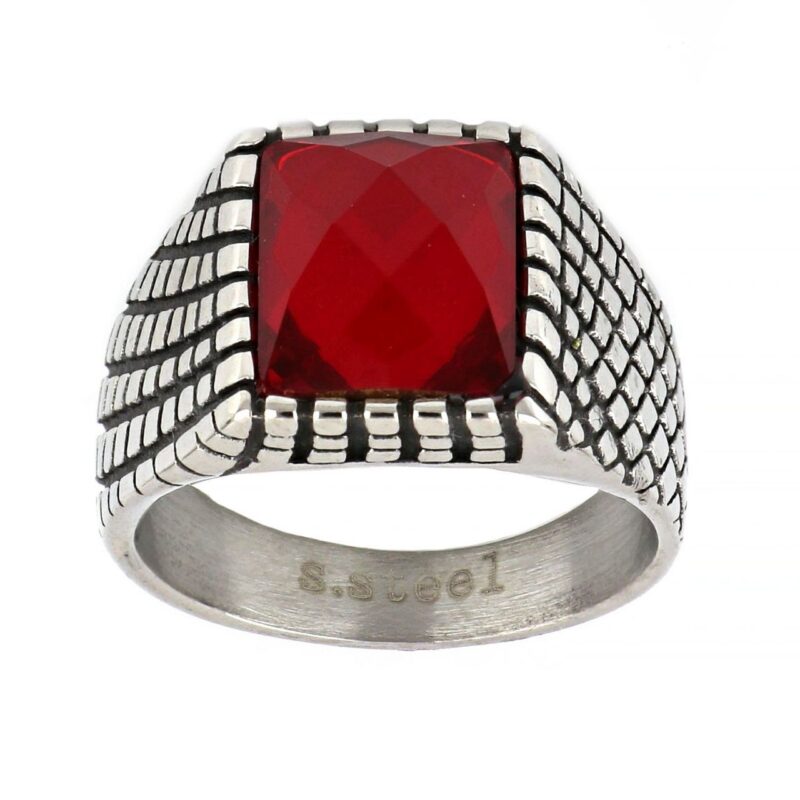 Ανδρικό δαχτυλίδι ατσάλι κόκκινο κρύσταλλο.