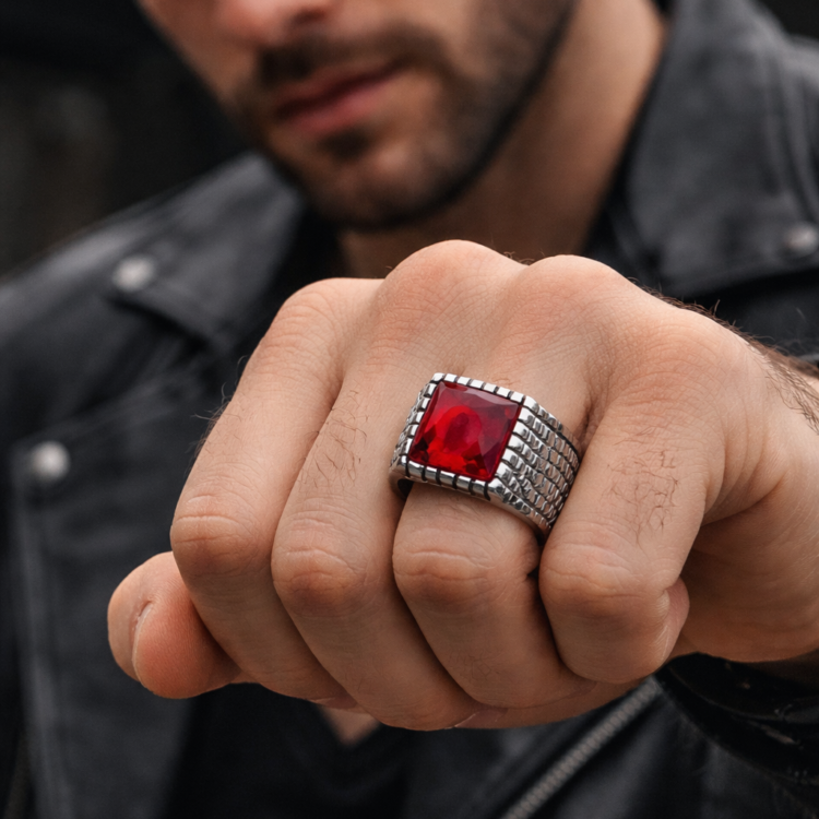 Ανδρικό δαχτυλίδι ατσάλι κόκκινο κρύσταλλο