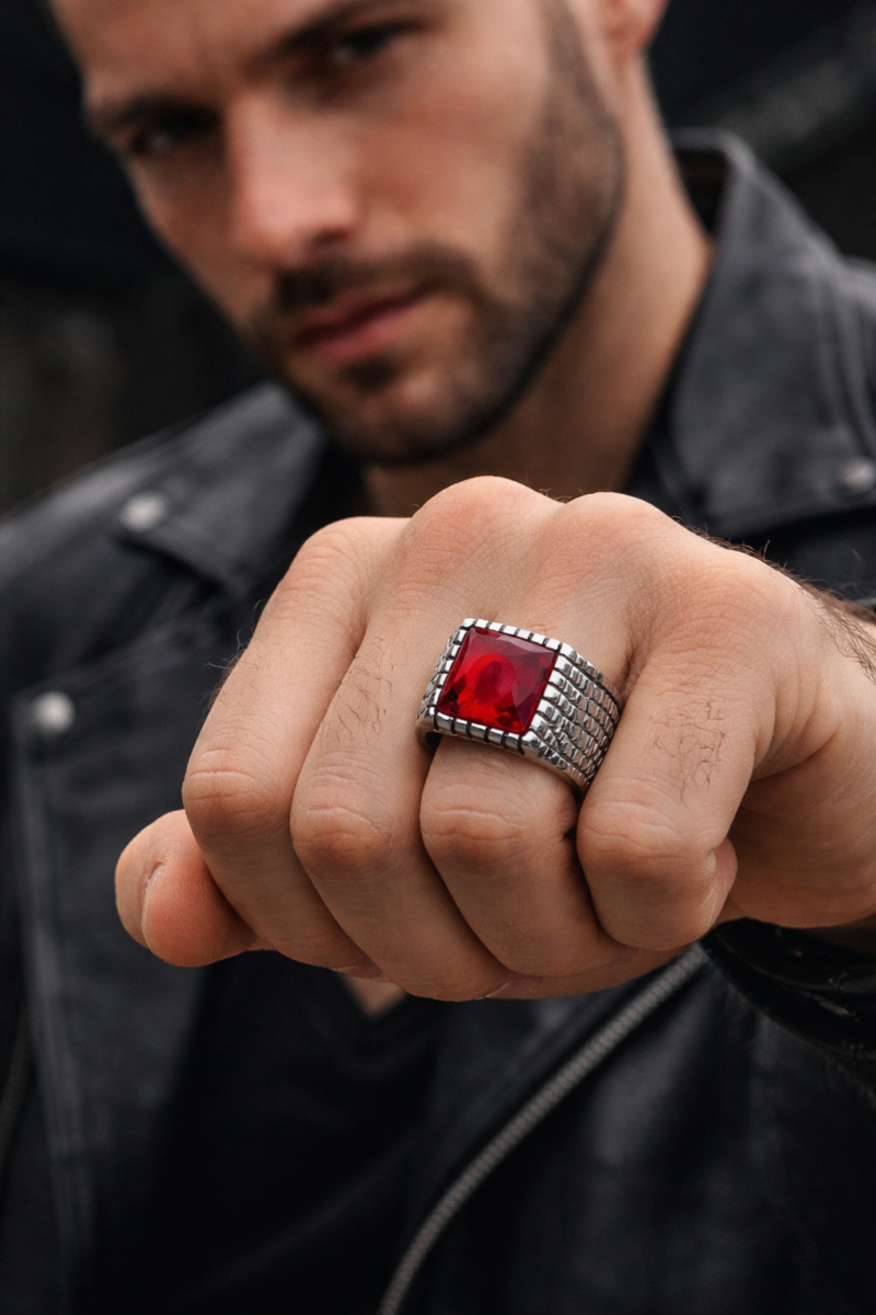 Ανδρικό δαχτυλίδι ατσάλι κόκκινο κρύσταλλο