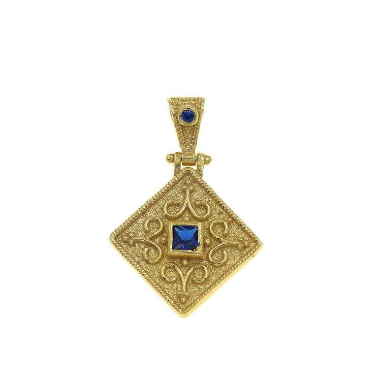 Βυζαντινό μενταγιόν ασήμι επίχρυσο ρόμβος μπλε ζιργκόν